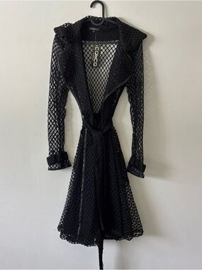 Black Mesh fishnet trench coat with wrap belt